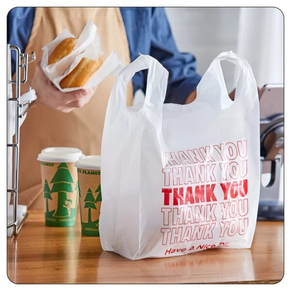 1/8 (10x5x18) Small Size White "Thank You" Standard-Duty Plastic T-Shirt Bag - Image 4