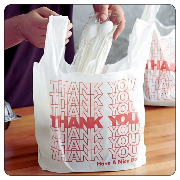 1/6 (12x6x22) Standard Size White "Thank You" Standard-Duty Plastic T-Shirt Bag - Image 4
